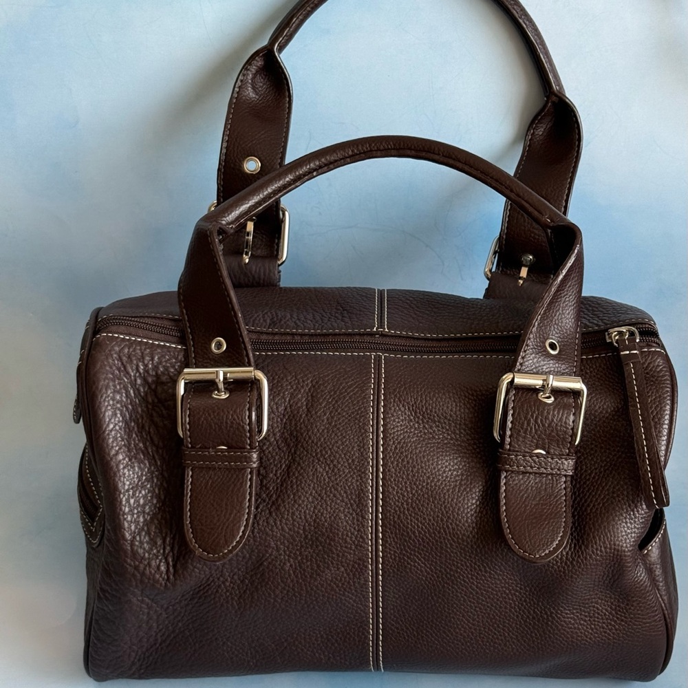Tig & Co Brown Leather Pebbled Handbag Satchel Double Handles Purse